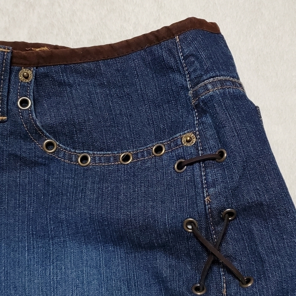 Route 66 Vintage 90s Dark Wash Low Rise Side Lace-up Faux Leather Booty Shorts - Picture 6 of 10